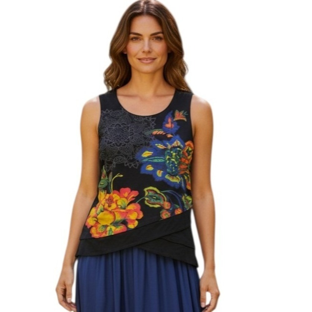 Desigual Floral Women's XL Casual Colorful Beachy Sleeveless Sheer Boho Tank Top
